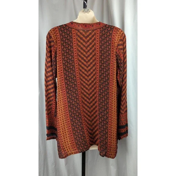 BIBA Vintage Silk Kaftan Top Orange Red Chevron Paisley l/s Bohemian Boho M L - Picture 3 of 5
